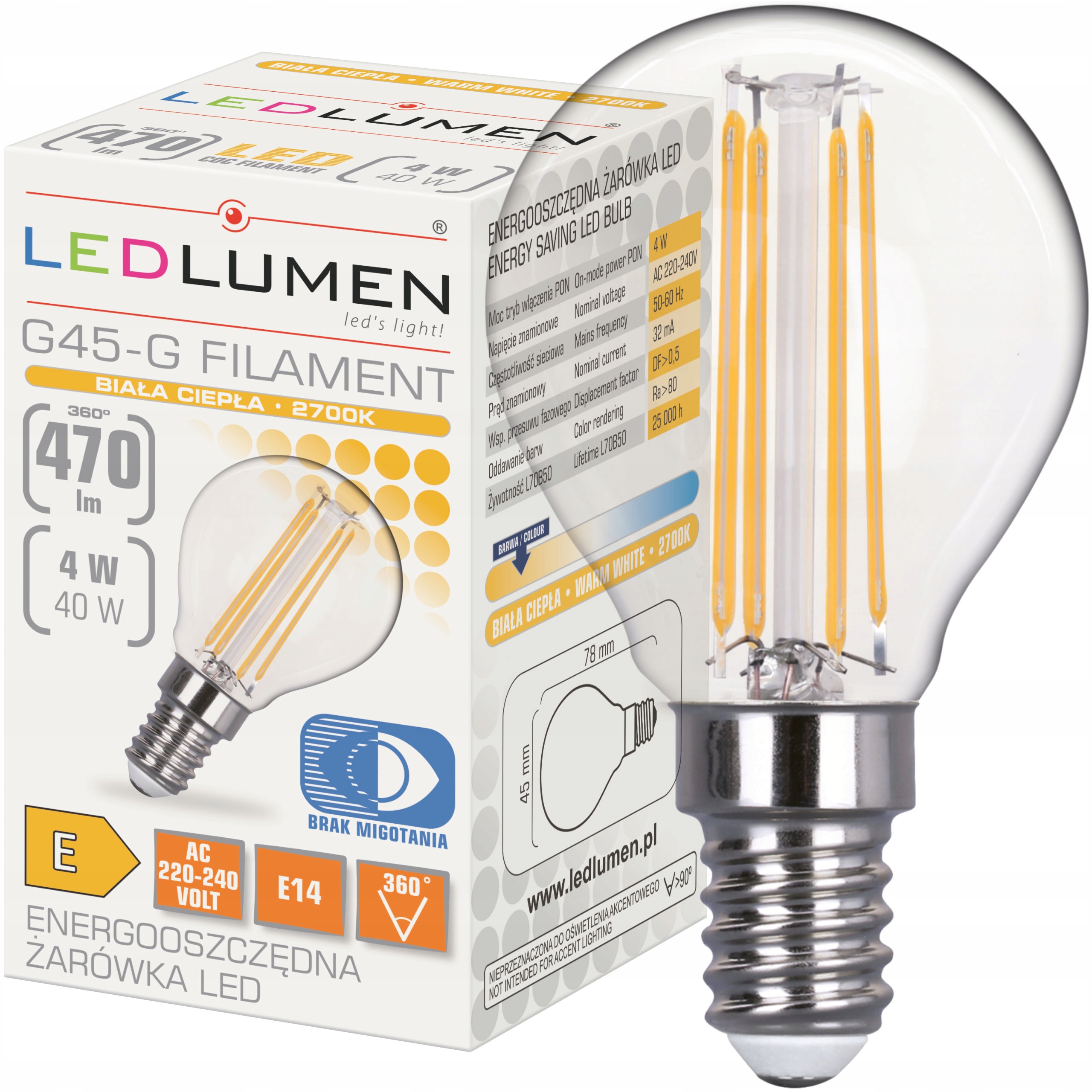 

Żarówka Led E14 Kulka G45 4W=40W Filament Ozdobna