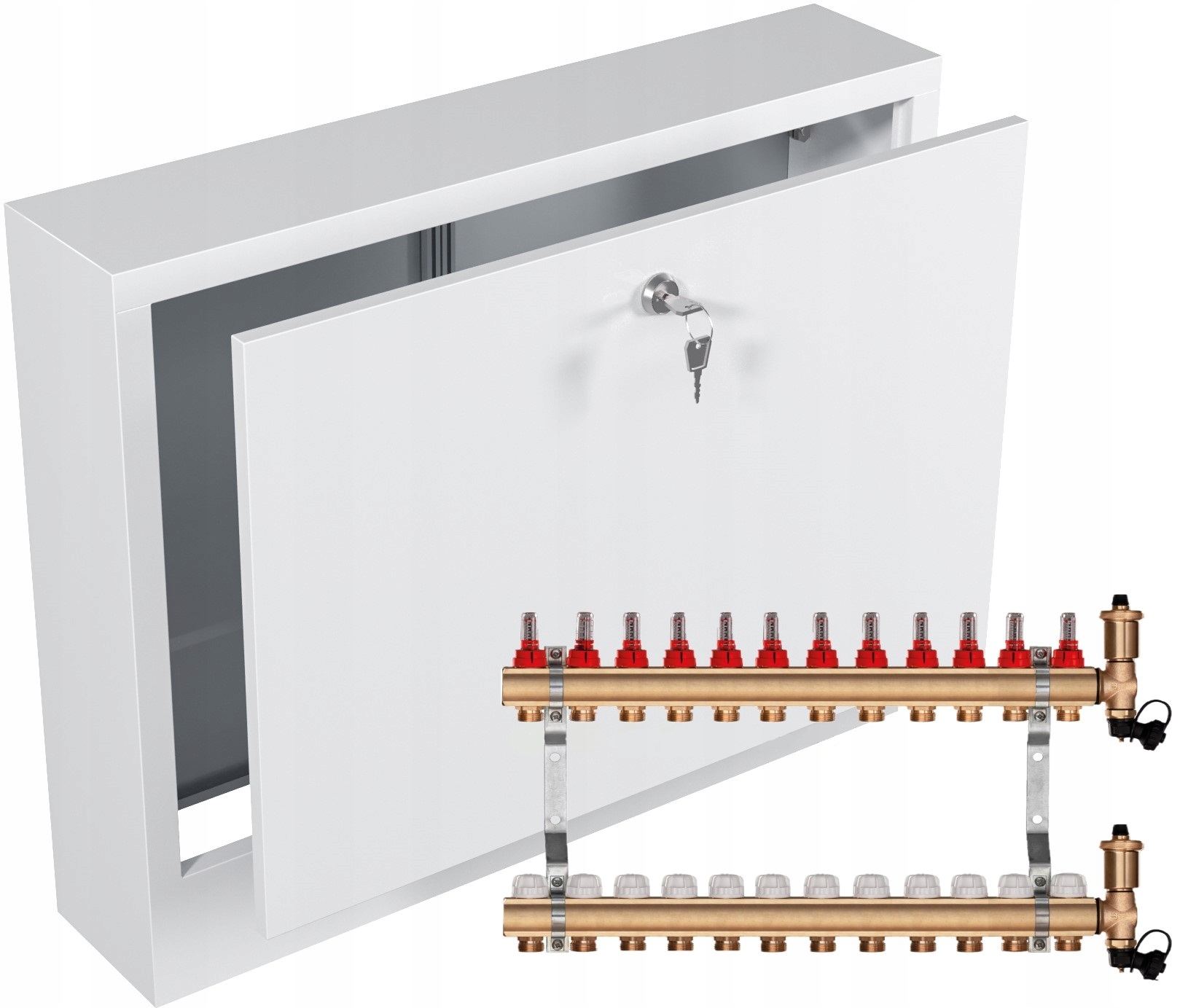 Mosazný rozdělovač pro podlahové topení 12 sekcí Nástěnná Skříňka