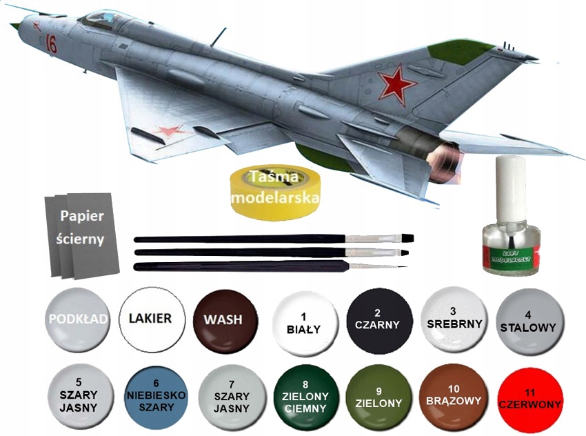 Model plastikowy samolotu MiG-21PF Fishbed-D farby, lakier, klej, pędzle