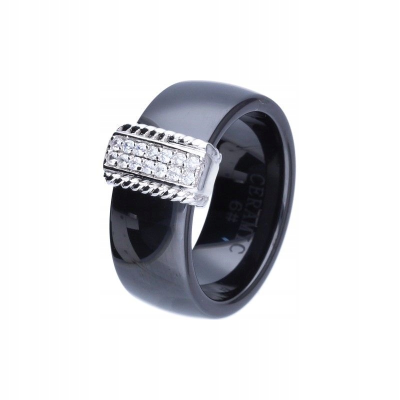 Ženský stříbrný prstýnek 925 černý Keramický s efektními zirkony 12