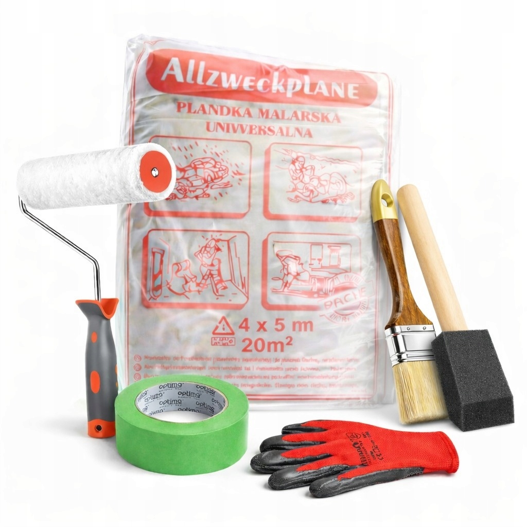 Malířská Sada Nezbytný Malířský Pásek Štětec x2 Váleček Fólie Rukavice