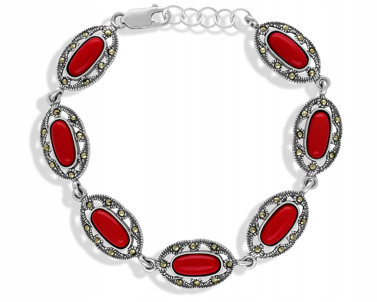 Stříbrný náramek pro ženy Červený korál a přírodní markýzy, široký 925
