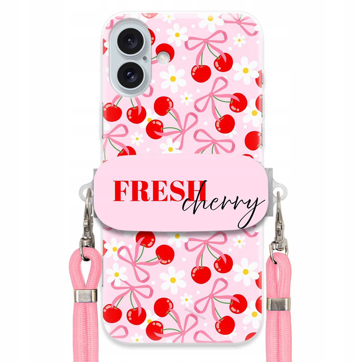 Pouzdro pro iPhone 16 Plus Case Držák Šňůrka Růžová Fresh Cherry Kokardy