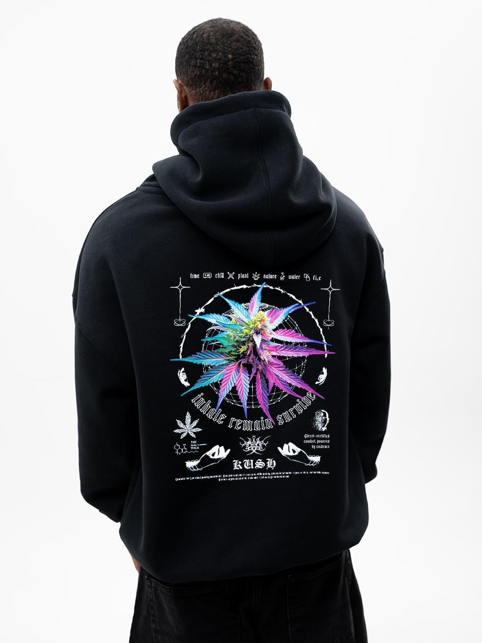 Mikina S Kapucí Oversize Pánská Silná Bavlněná Černá Kush Astro Bud XL