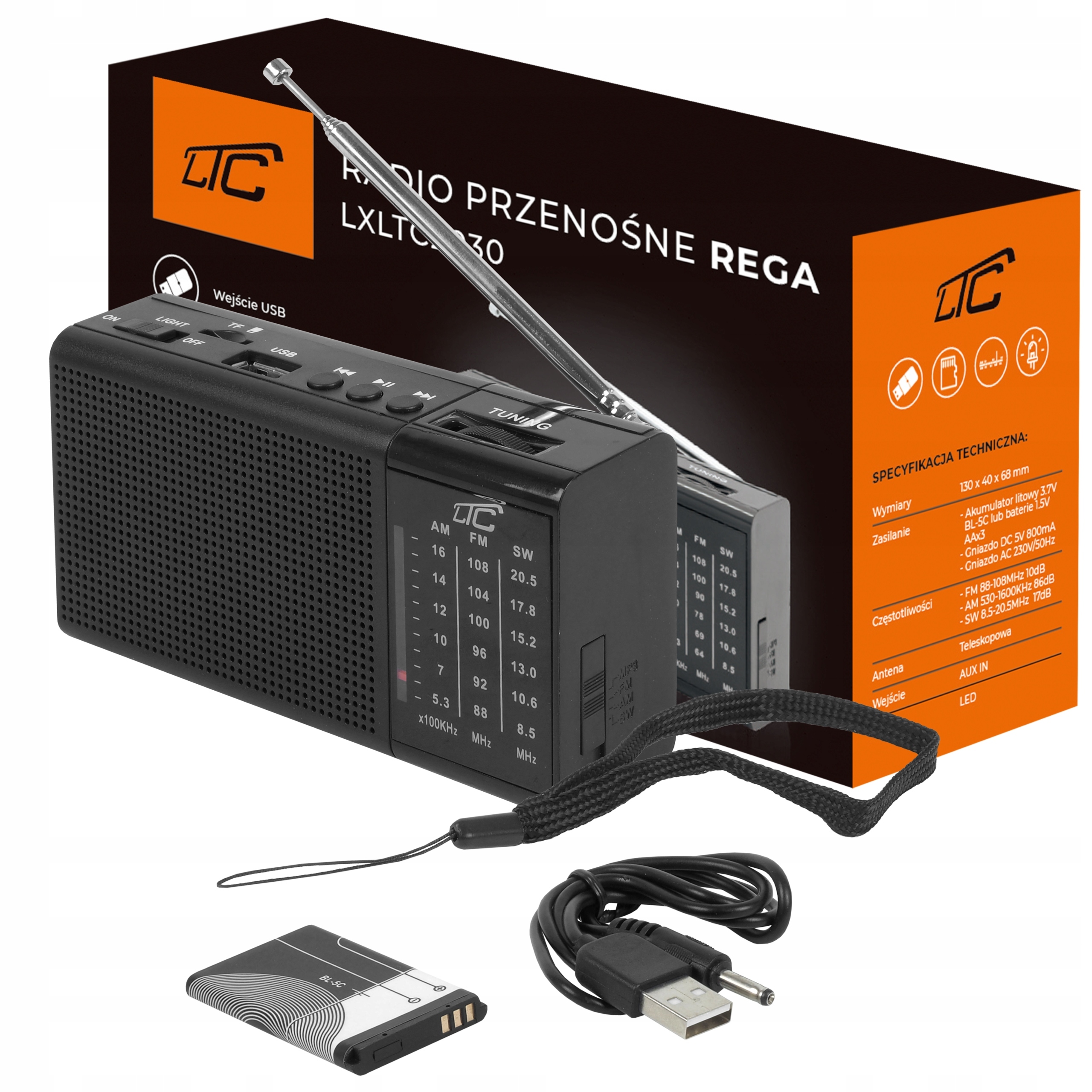 MOCNE RADIO FM AM PRZENOŚNE AUX AKUMULATOR LATARKA Kolor czarny