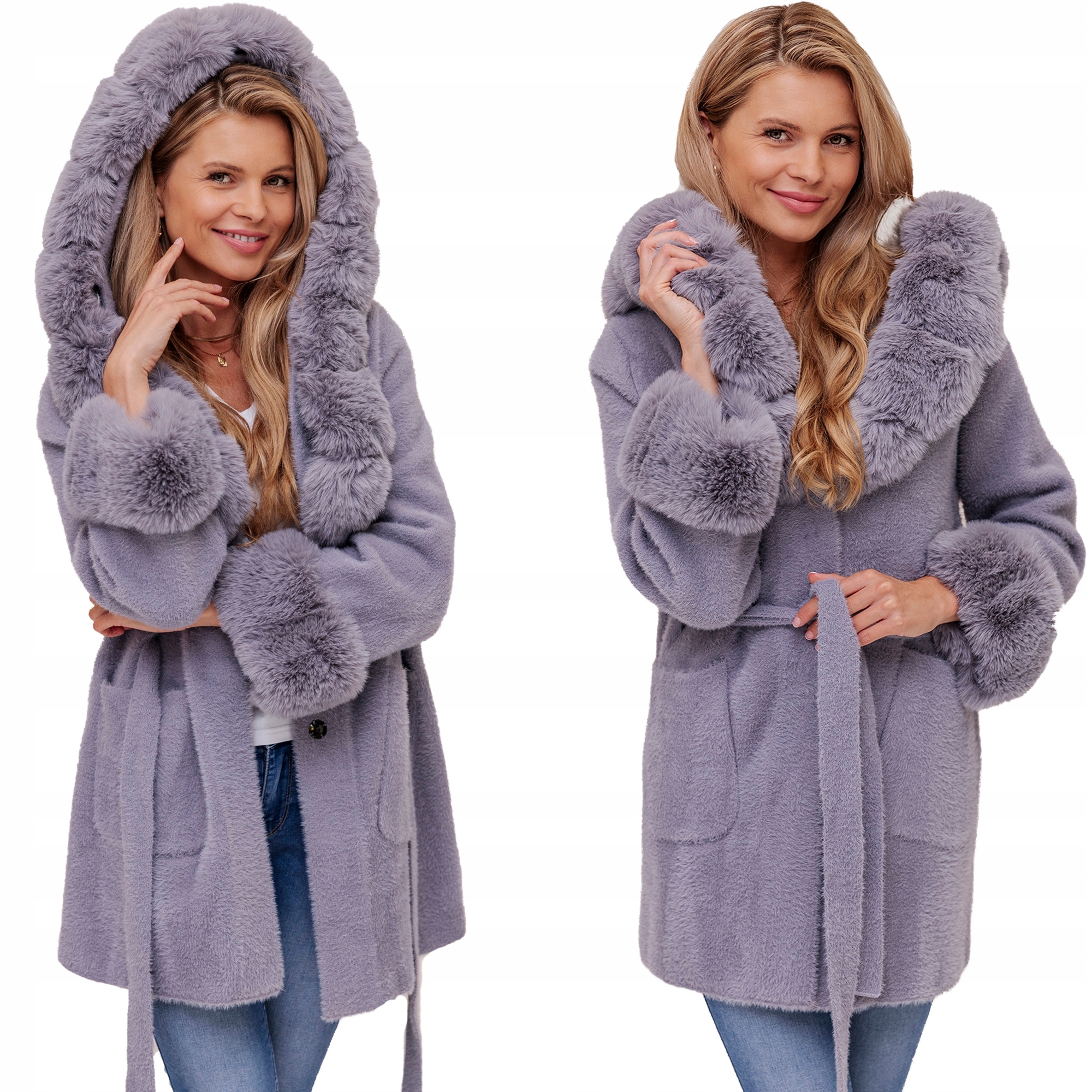 Bella Měkoučký Plášť S Páskem S Kapucí Alpaka S Kožíškem Šedý