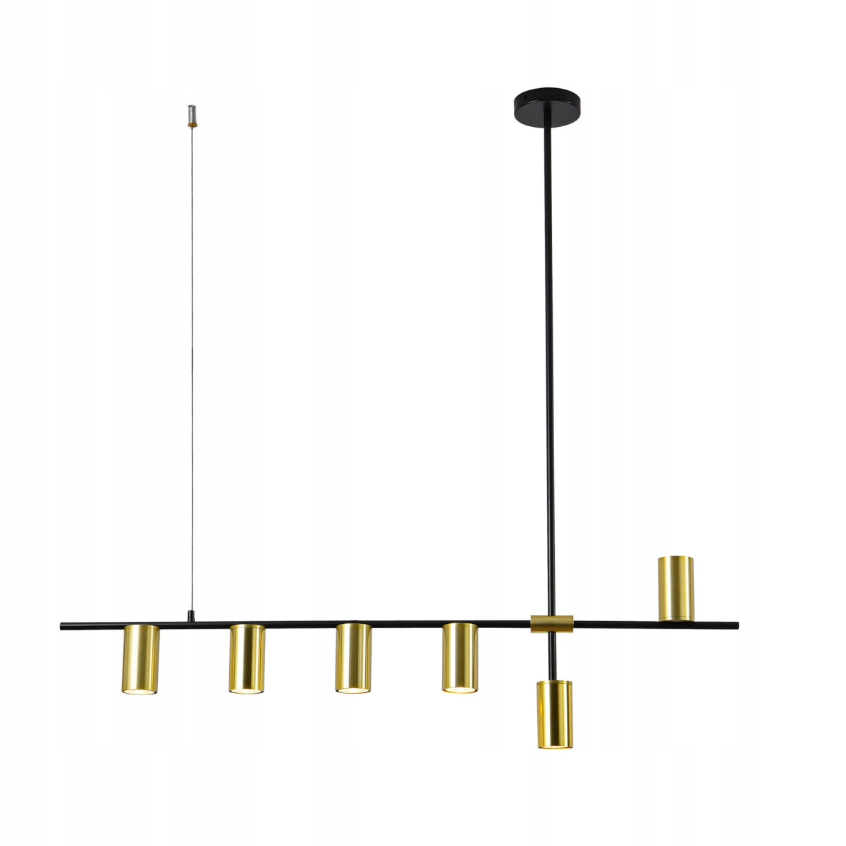 Krásná klasická lampa Arizona se zlatými trubkami na černém trámu nad stolem