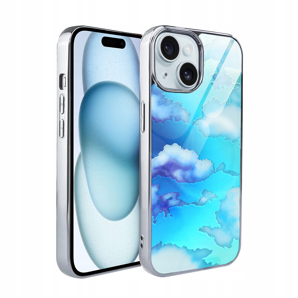 Pouzdro pro iPhone 15 Ibizu Elite Glass, skleněná zadní strana, obláčky, stříbrné