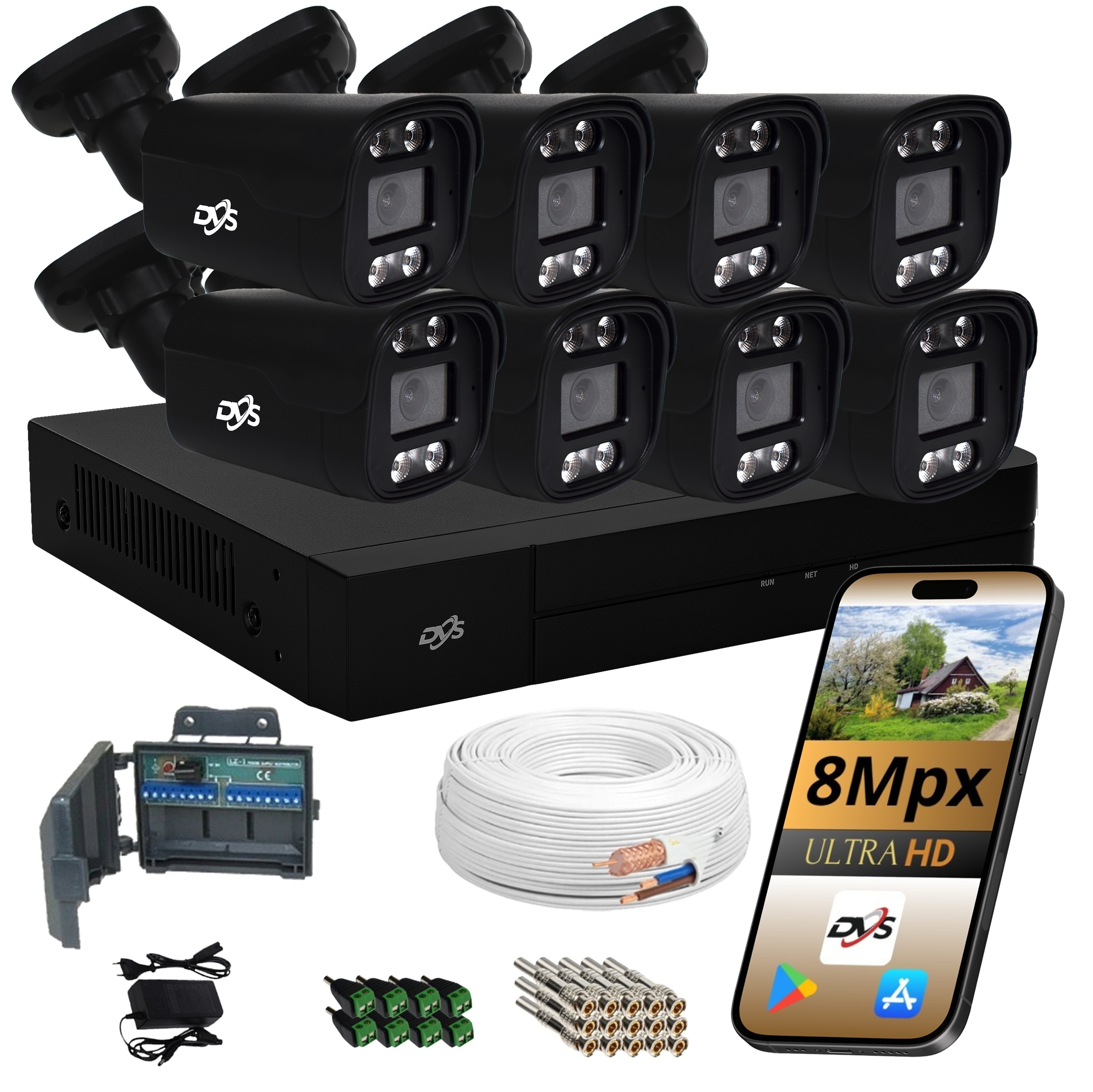 Sada 8 Černých Venkovních Kamer Pro Monitorování Analog Dual 8 Mpx