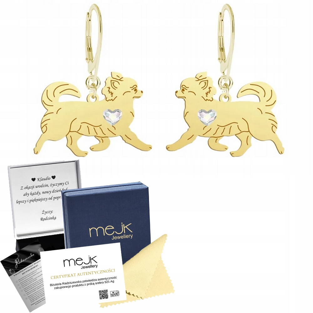 Náušnice Zlaté s psem Chihuahua Dlouhosrstá 925 Šperky Gravírování Bonus