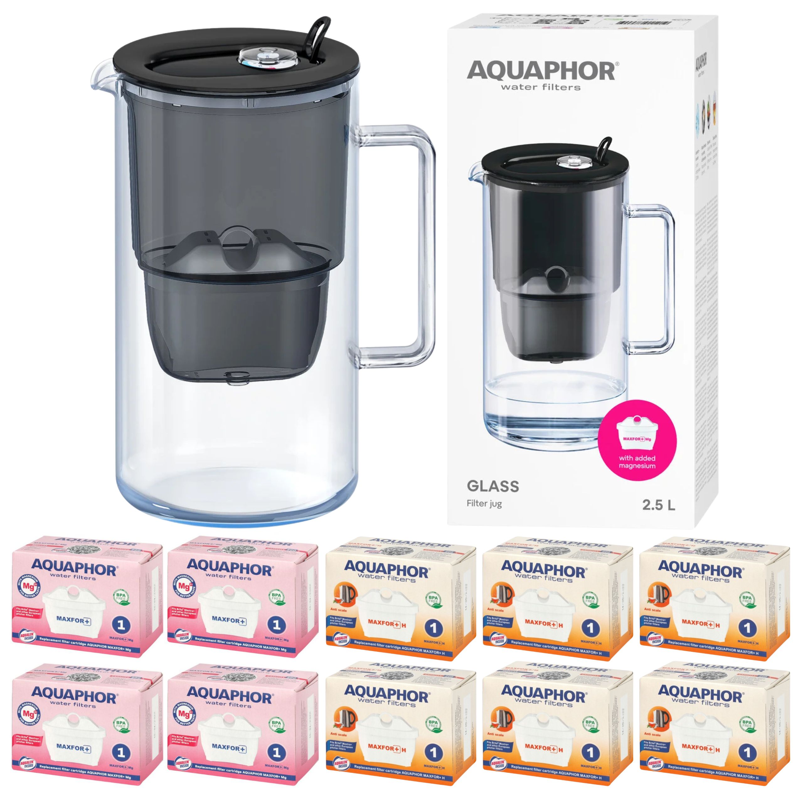Sklenená filtračná kanvica Aquaphor Glass čierna 10 filtrov Maxfor (4Mg+6H)