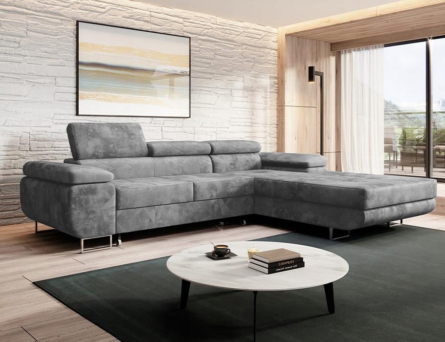 Šedý rohová sedací souprava s funkcí spaní Norberg s nastavitelnými opěrkami hlavy.