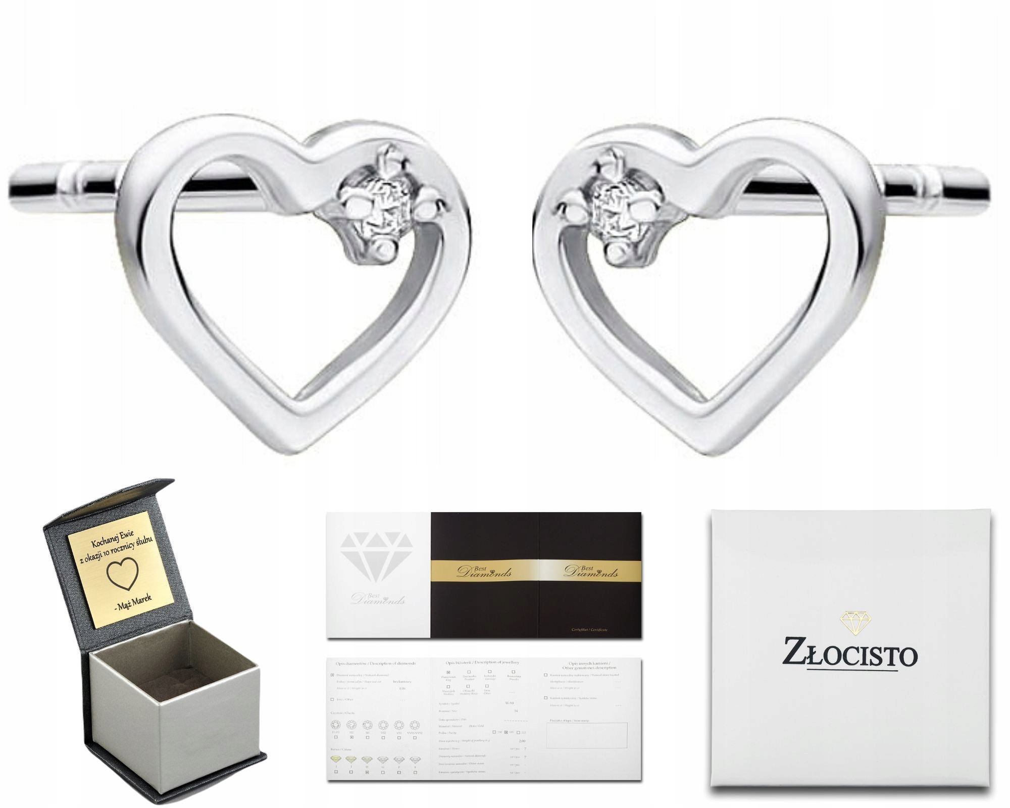 Bílé Zlaté Náušnice S Brilianty Srdíčka A Šroubky