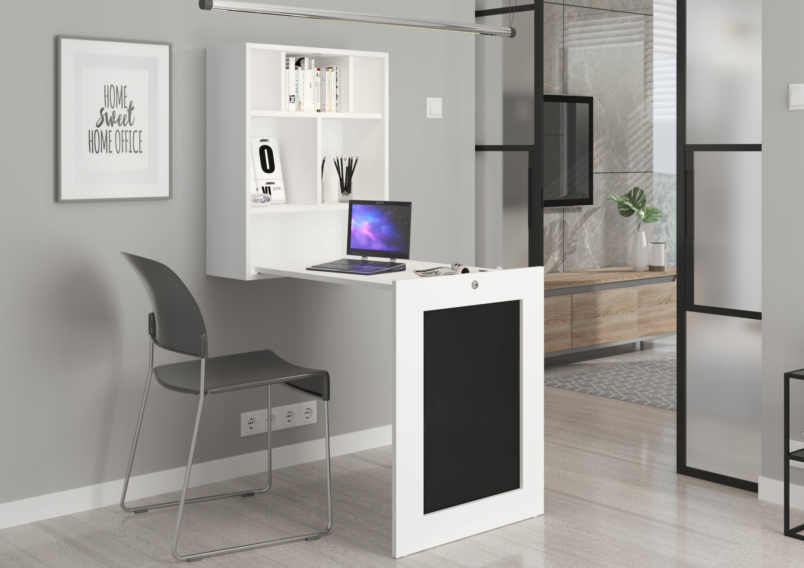 Skládací psací stůl na zeď Tilt 60 x 90,4 x 144,5 cm, bílé matné prostory