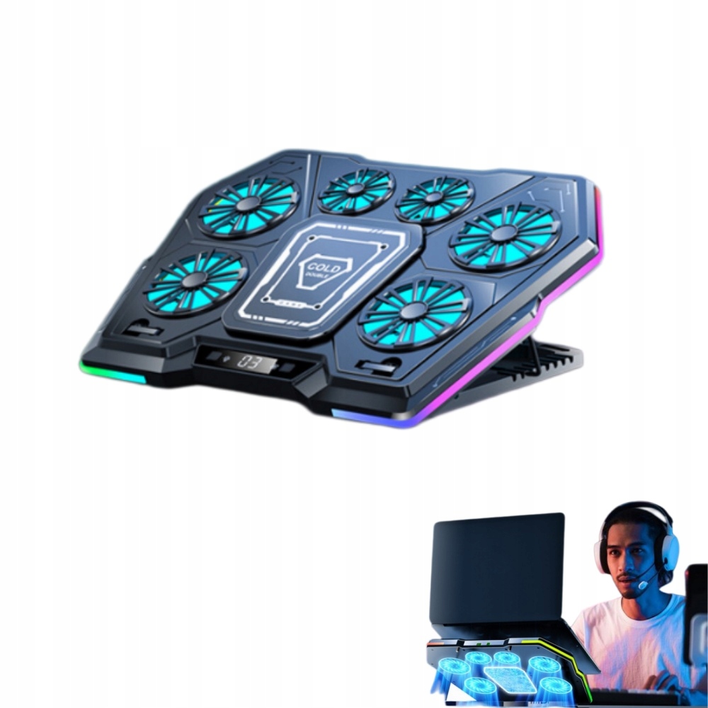 Podkładka chłodząca Led Rgb pod laptopa stojak 6 Wentylatorów +płyta Lodowa