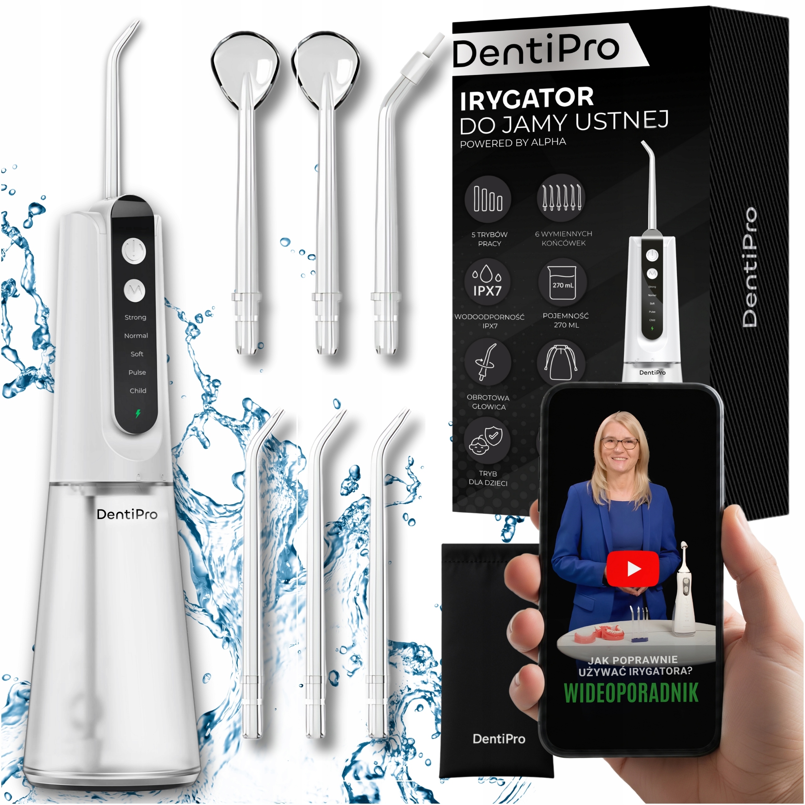 Irygator do Zębów DentiPro 5 Trybów 6 Dysz Bezprzewodowy i Dentystyczny