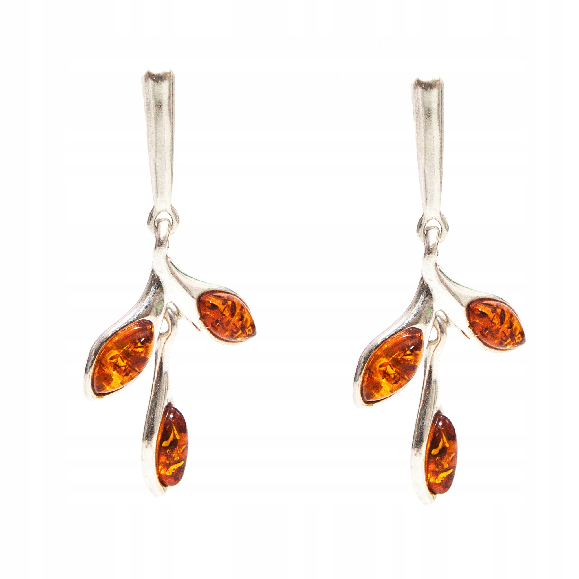 Stříbrné náušnice s jantarem, listy stříbro 925, jantarové větvičky