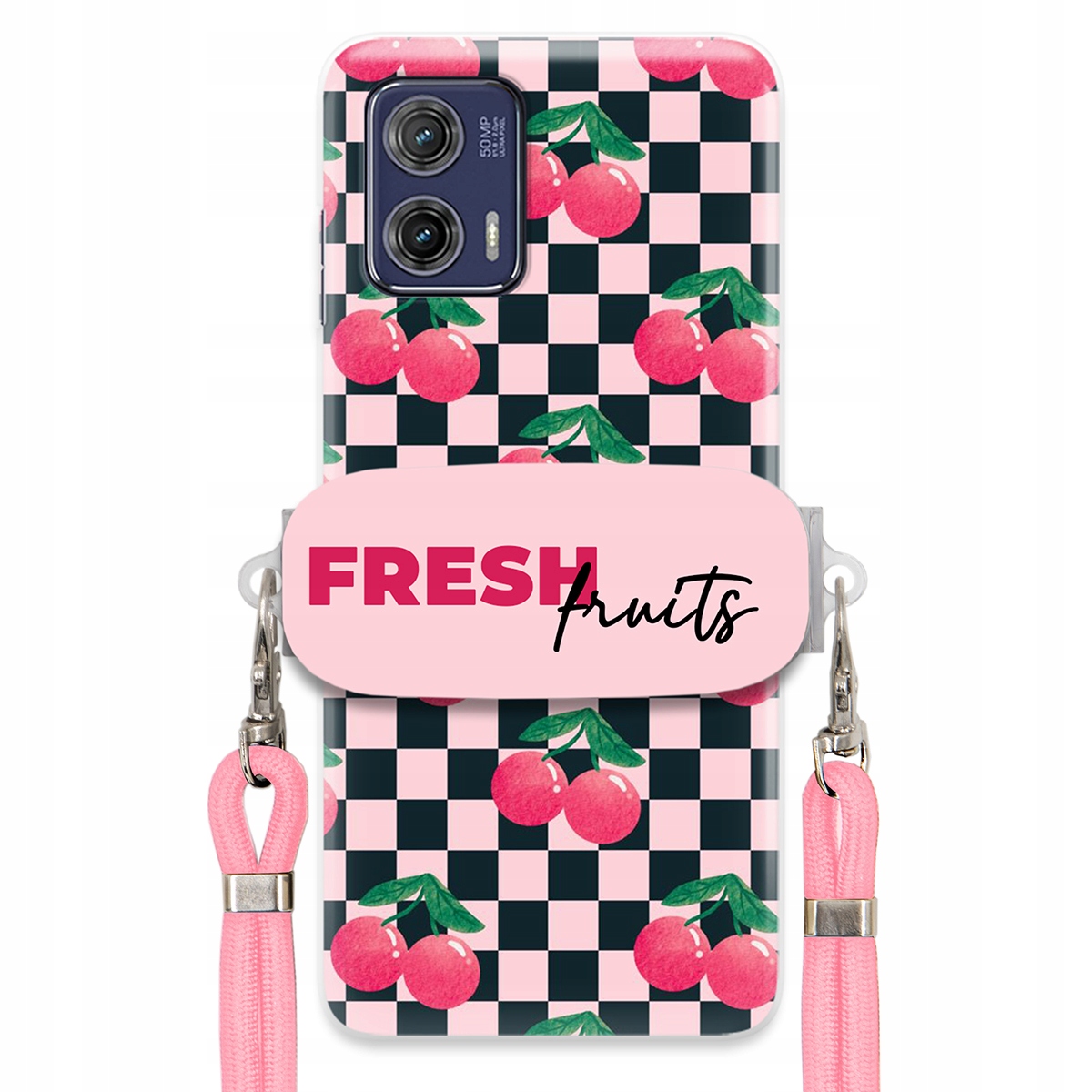 Puzdro pre Motorola G73 Vodítko Pink Crossbody držiak šachovnice Fresh Fruits