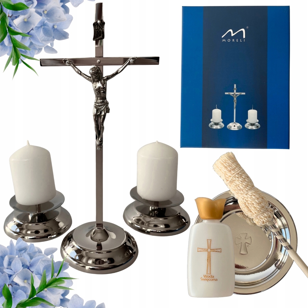 Kovová Koledová Souprava kříž a příslušenství láhev na vodu svěcená Bonus