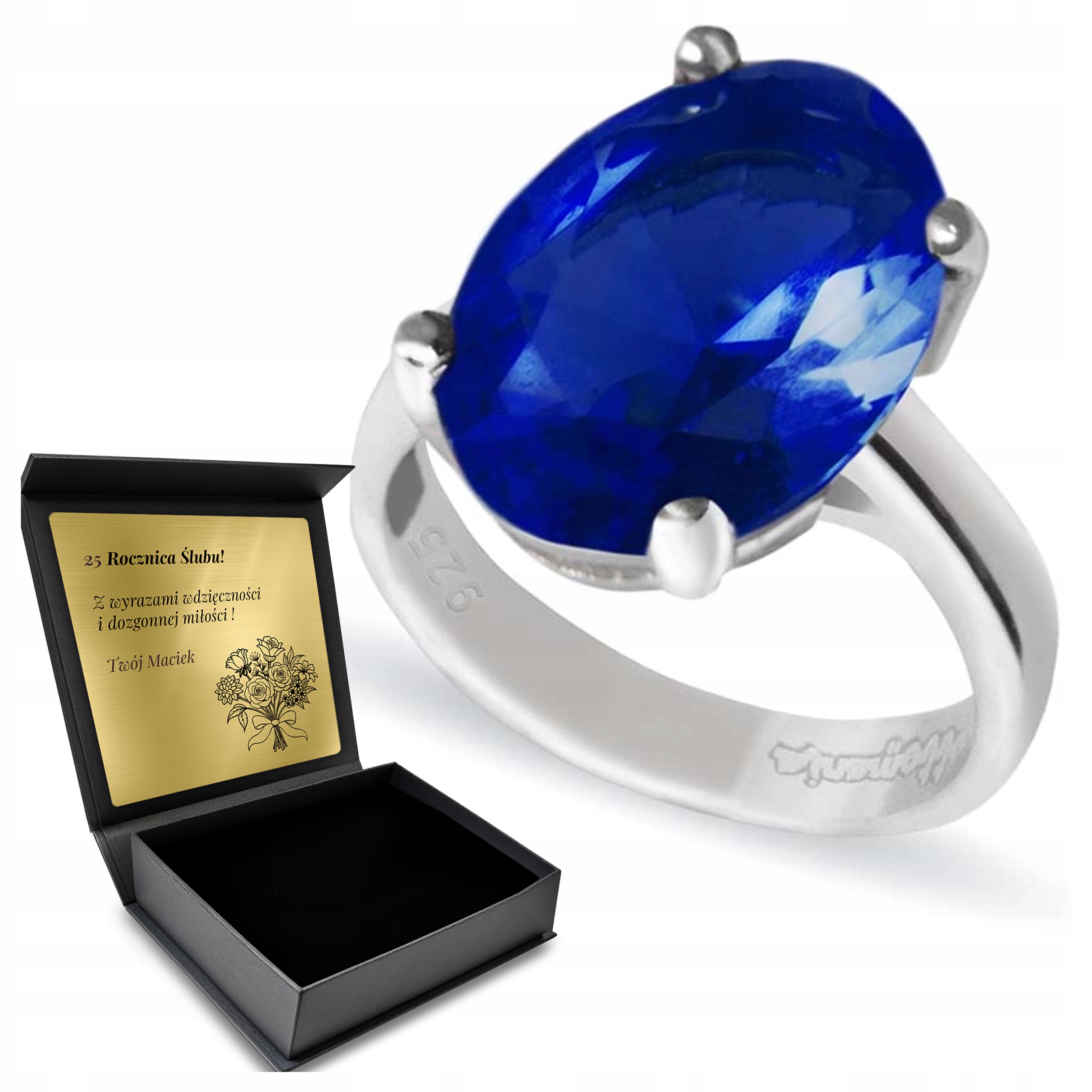 Prstýnek 925 S Safírem Dárek pro ženu Gravírování Bonus