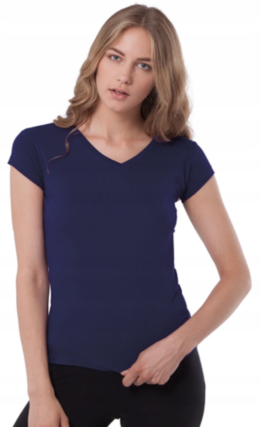 Bluzka dekolt w serek V-NECK 100% bawełna turkus L Rękaw krótki rękaw