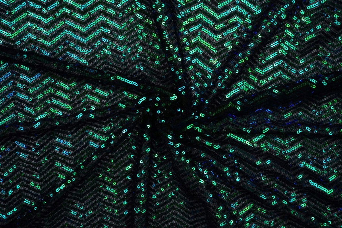 Látka S Flitry Zelený Vzor Cikcak Na Tylu Holo