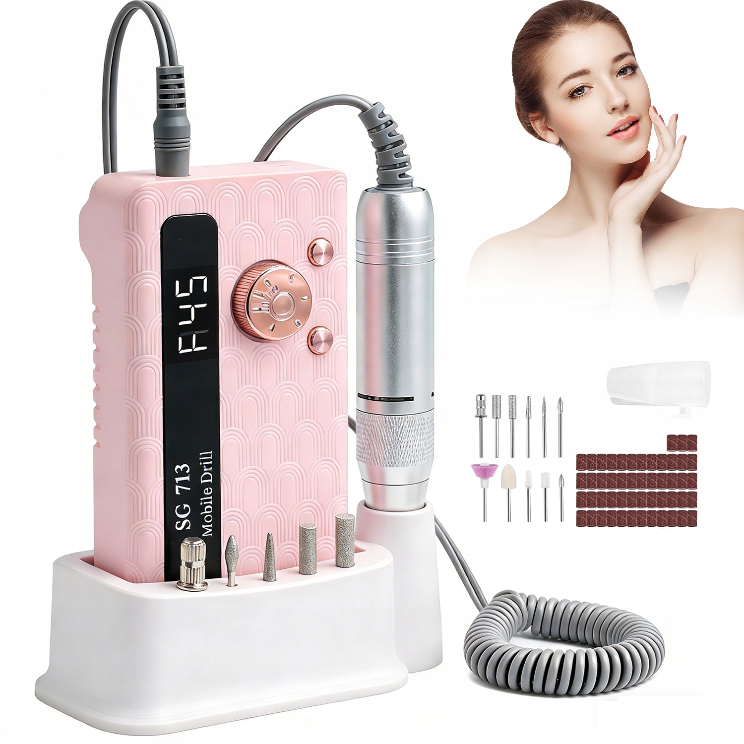 Bruska Na Nehty Elektrická Do Obývacího Pokoje 45000 Rpm Usb Led Růžová