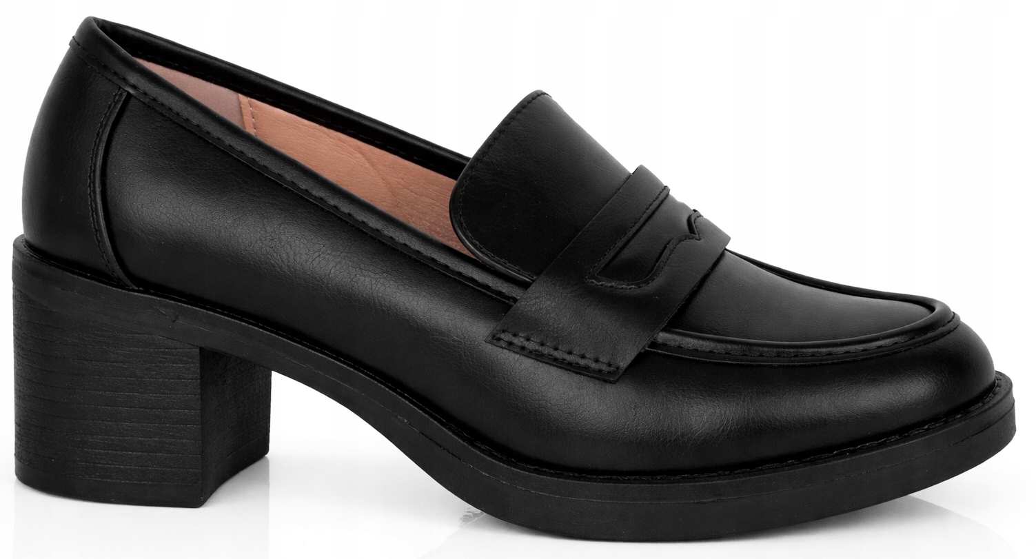 8664 Półbuty Czarne Botki Skórzane Na Obcasie Na Słupku Mokasyny 38