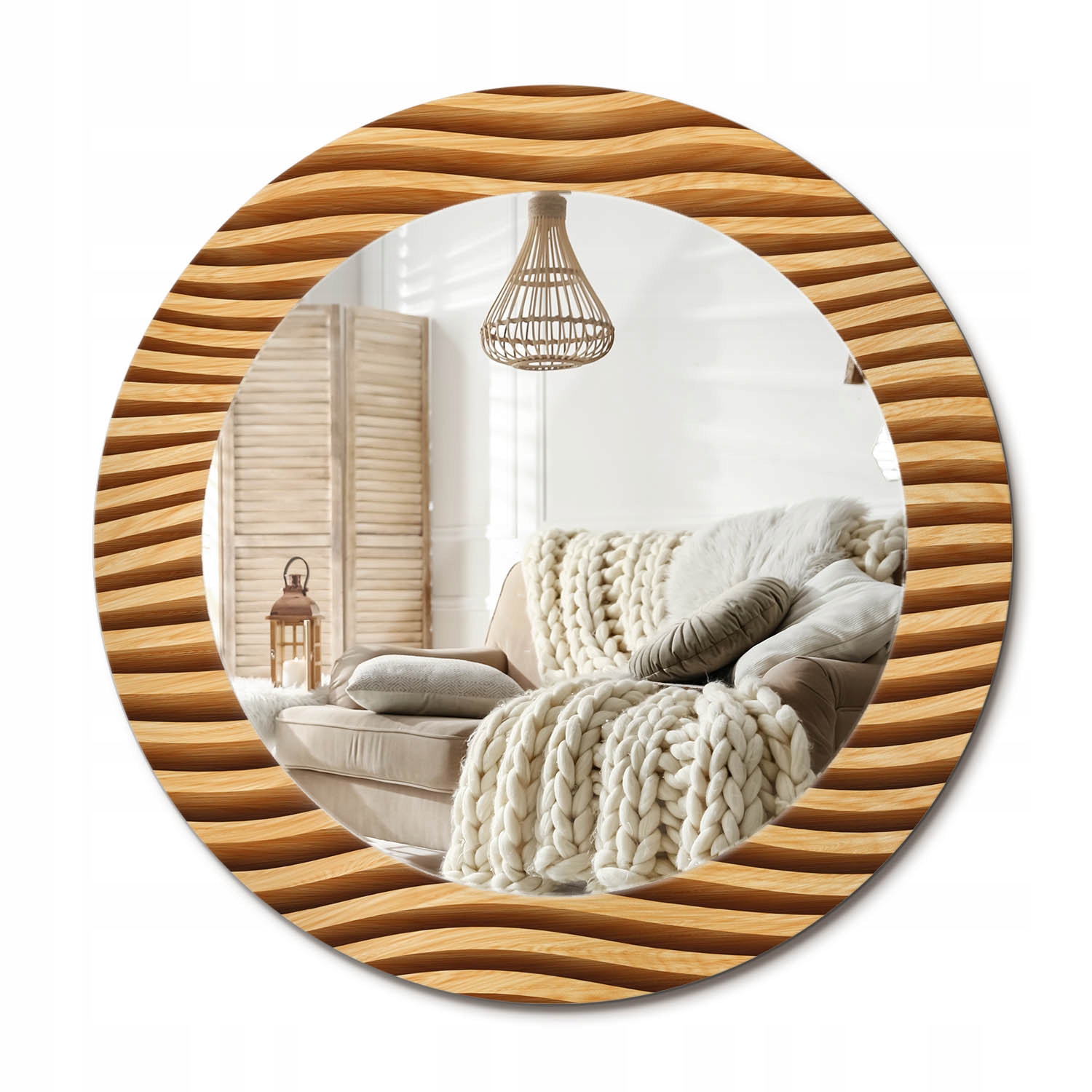 Závesné zrkadlo so skleneným ozdobným rámom s potlačou, priemer 60 cm, drevená vlna
