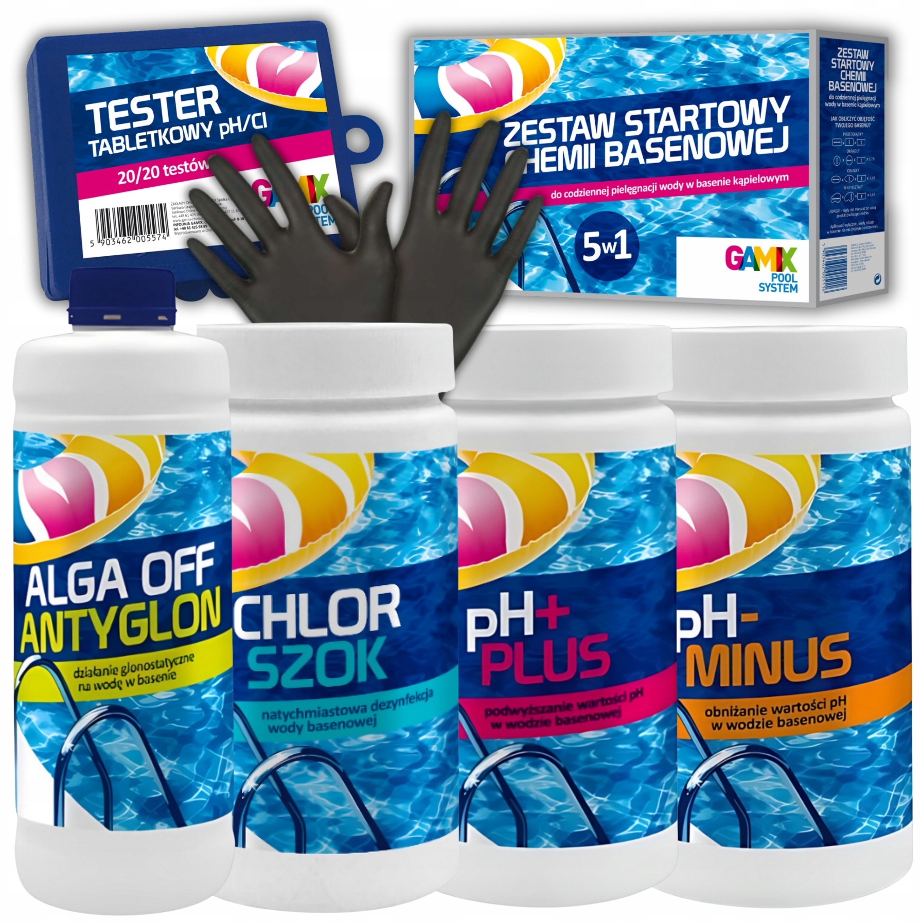 Zestaw Startowy 5W1 Chemia Basenowa Do Basenu Chlor Ph Tester Gamix
