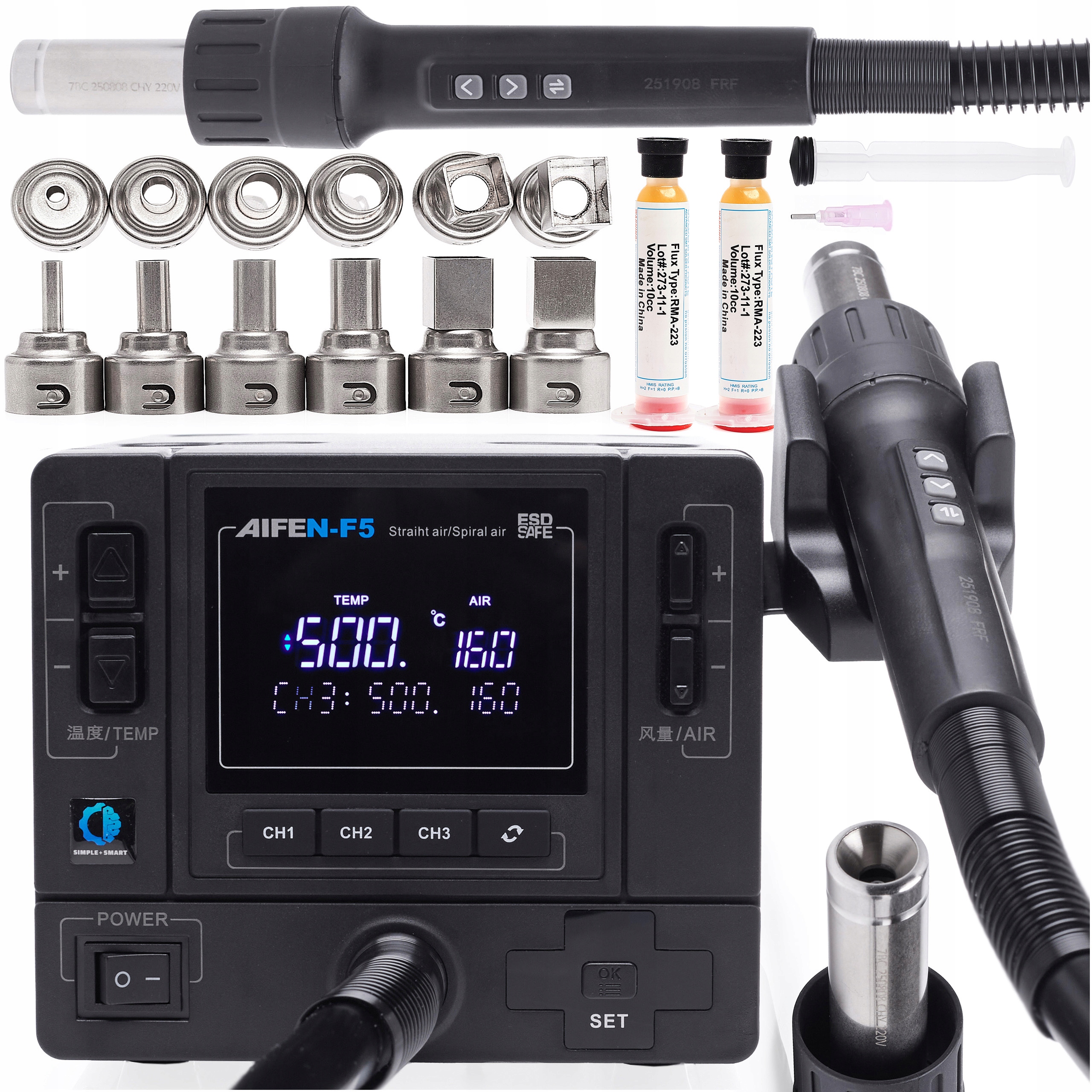 Aifen F5 Pájecí stanice Hot Air 1000W 500C Paměť LCD Trysky Sada Bga