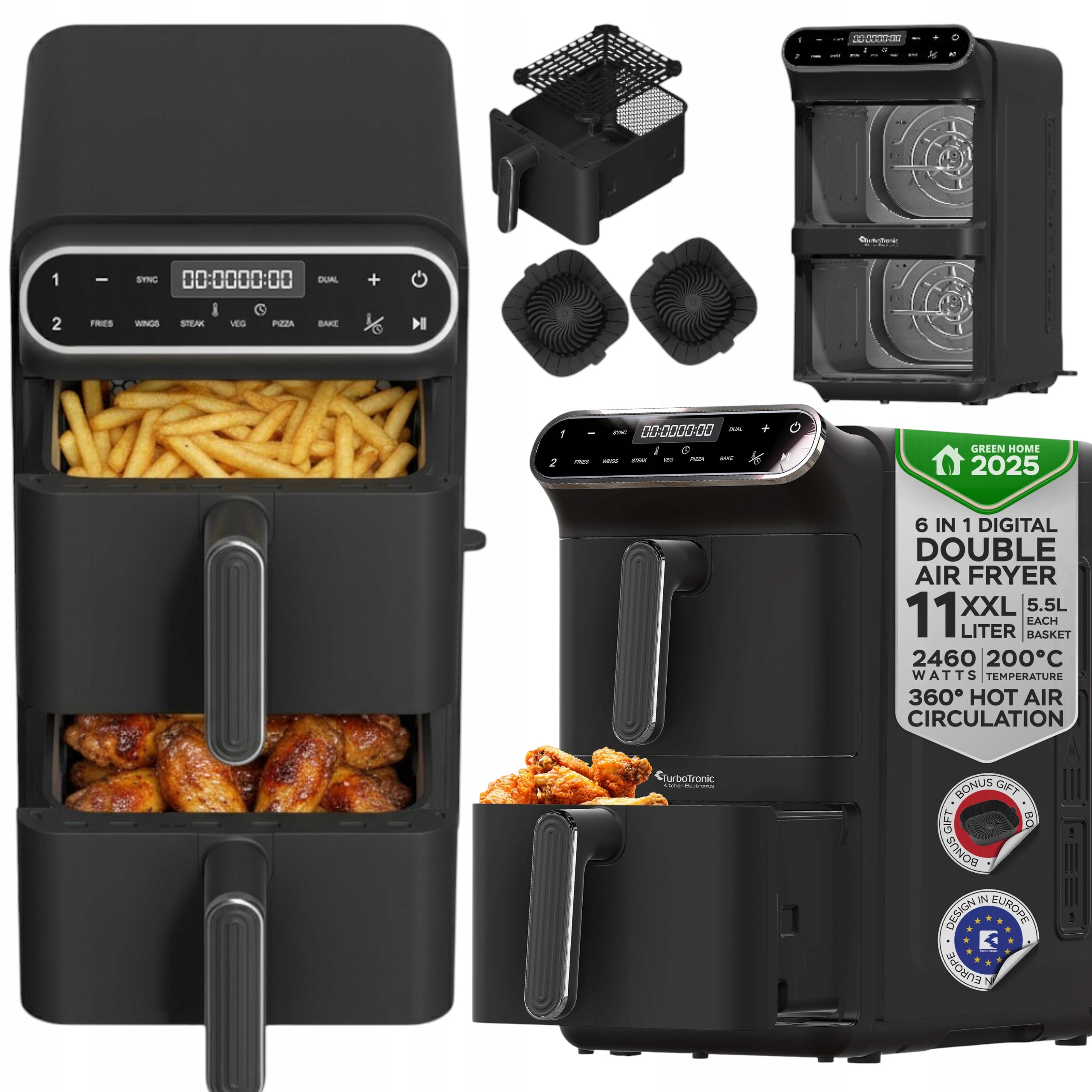 Pionowa Frytkownica Beztłuszczowa Air Fryer XXL 11L 2460W 2 Kosze Smażenia
