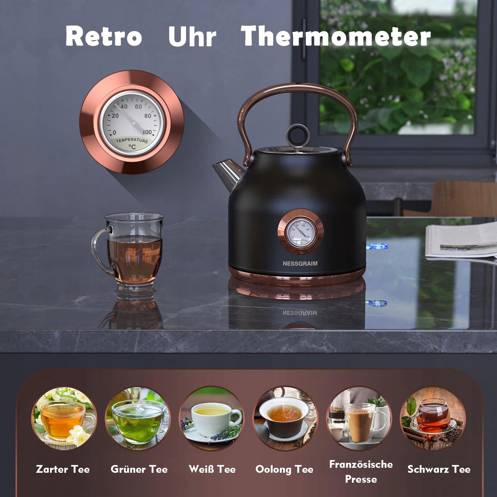 NESSGRAIM Retro Czajnik Elektryczny 1,7L Stalowy 2200W LED Temp. Wskaźnik — miniatura 3