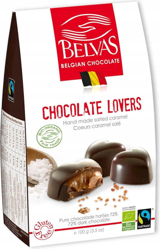 Levně Belgické čokoládové srdíčka s karamelem a mořskou solí, bezlepkové, fair trad