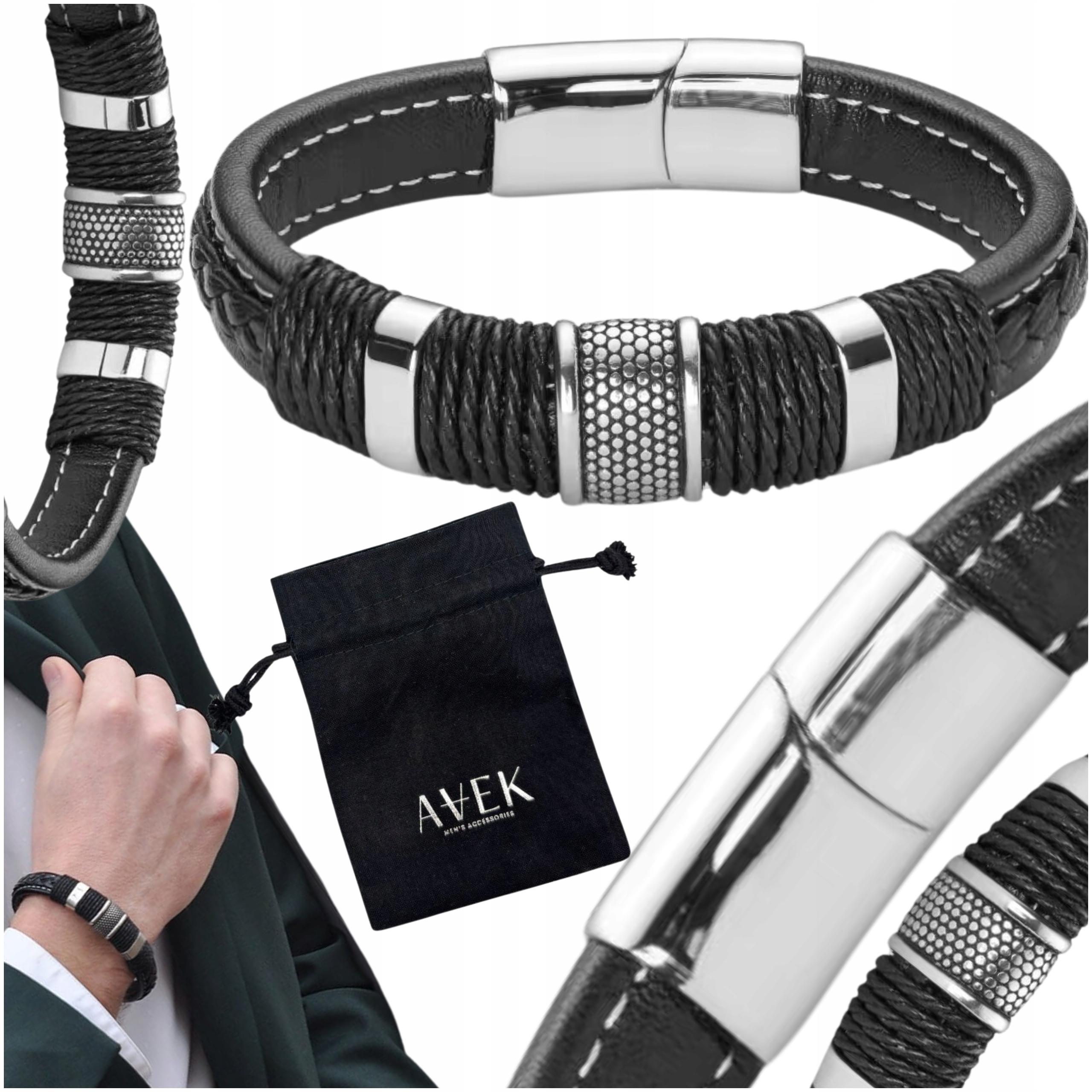 Pánský Náramek S Koženým Kordem, Černá Ocel Jako Dárek, Stříbrný, 21 CM