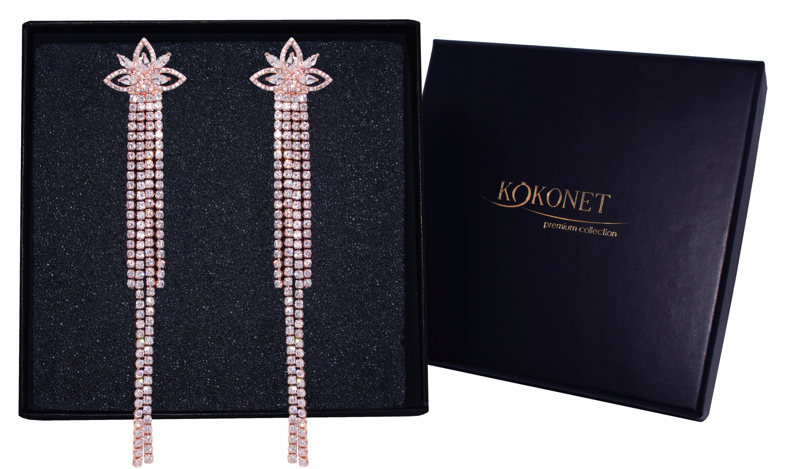 Dlouhé svatební náušnice růžové zlaté lístky Zirkony