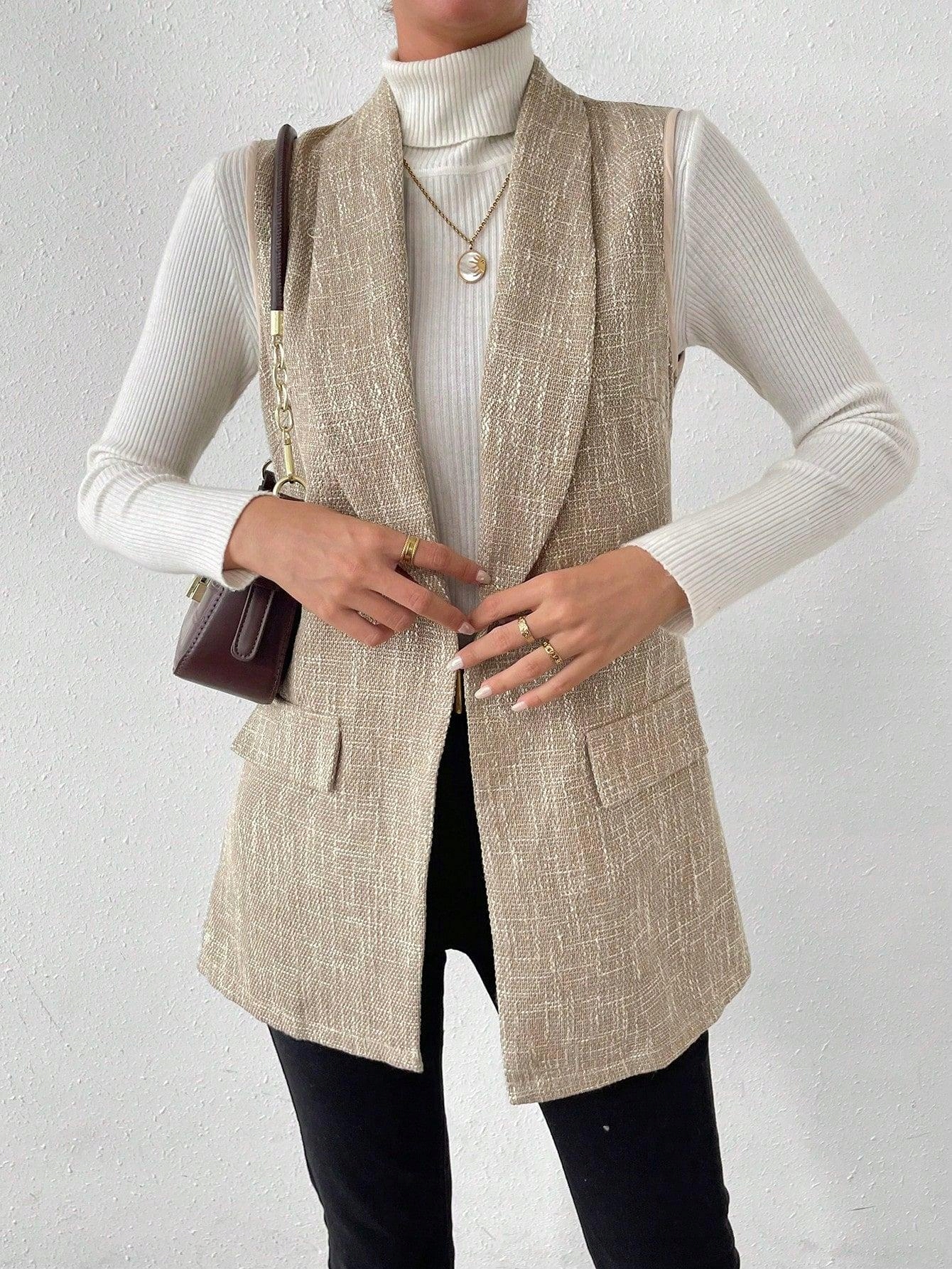 BEŻOWA DŁUGA KAMIZELKA NA GUZIKI DEKOLT V ELEGANCKA SHEIN 38 Kaptur bez kaptura