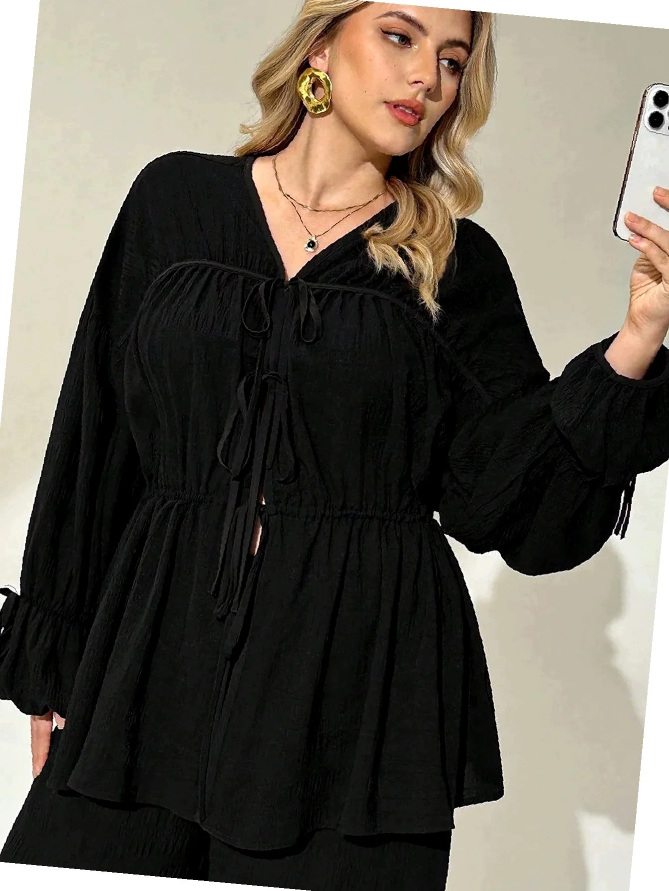Komplet Bluza Kalhoty s vázáním Palazzo Dámské Černá 3XL 46
