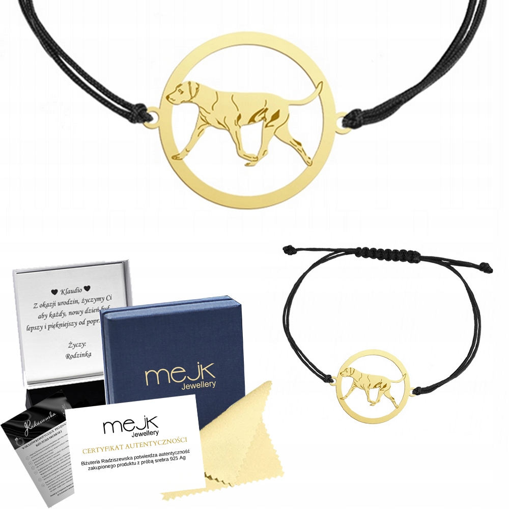 Zlatý náramek s psem Louisianem Catahoulem 925, šňůrka Dárek Gravírování