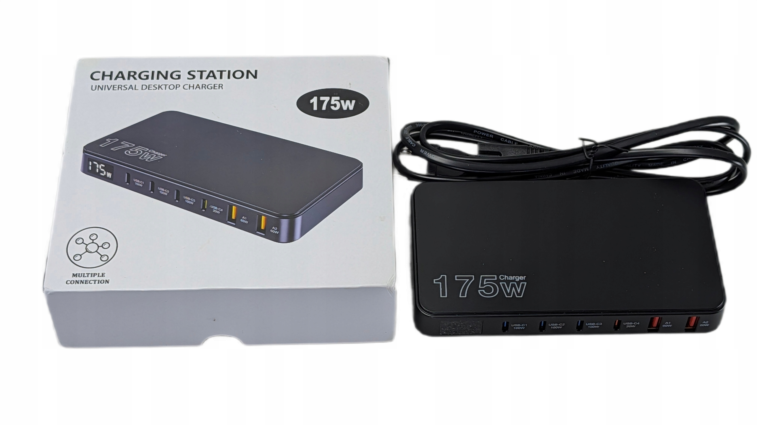 Mocna Ładowarka Sieciowa Biurkowa 4X Usb-c 2X Usb 175W Wyswietlacz