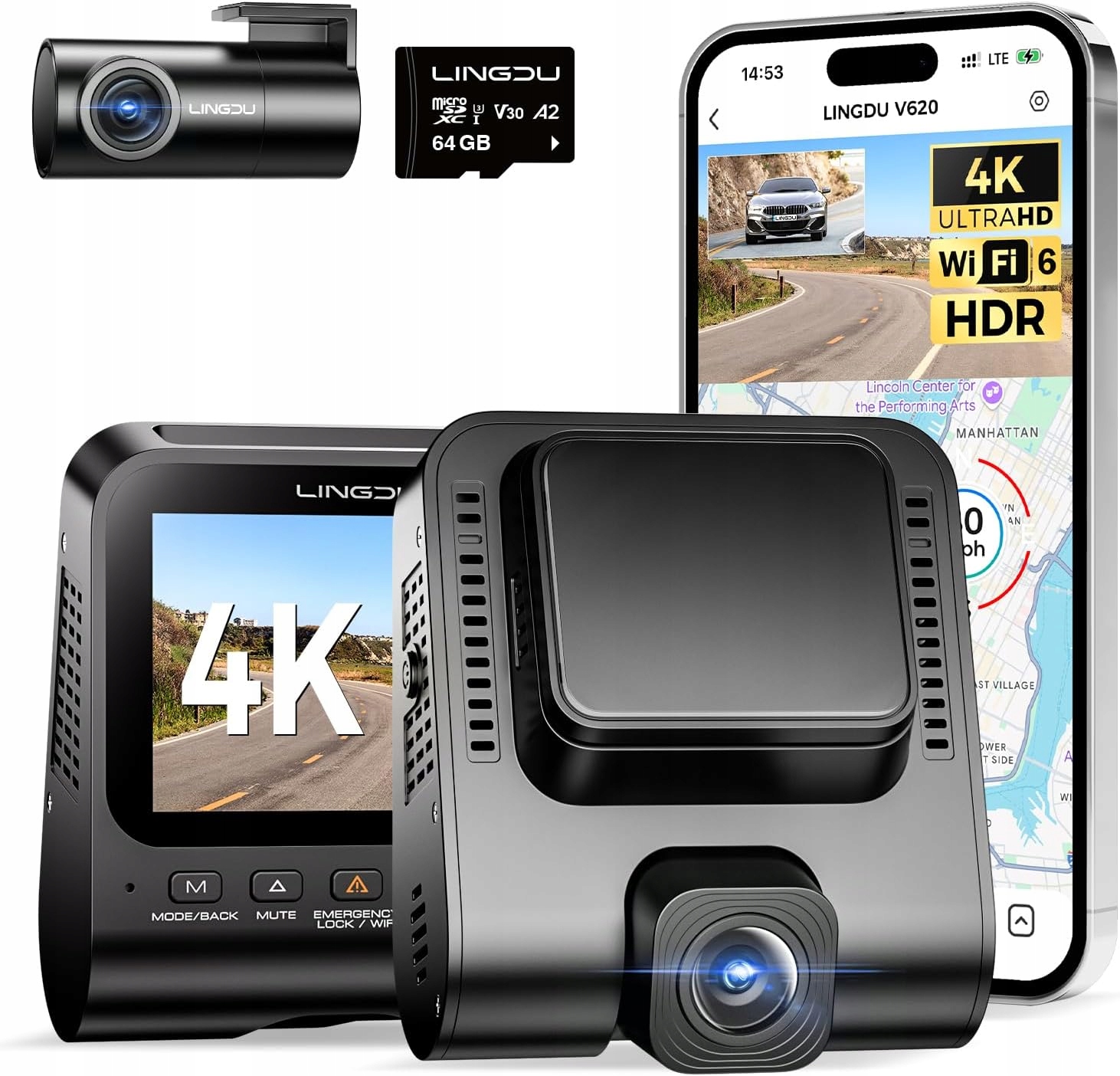 Autokamera Lingdu V620 4K 1080P Wifi Gps 64GB Videorekordér 170°