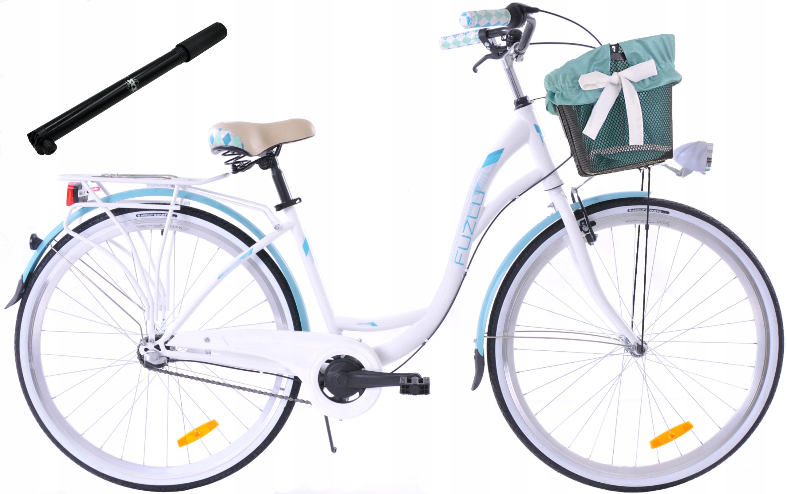 Rower miejski 28 Fuzlu Nevada S3 biało-morski kosz pompka