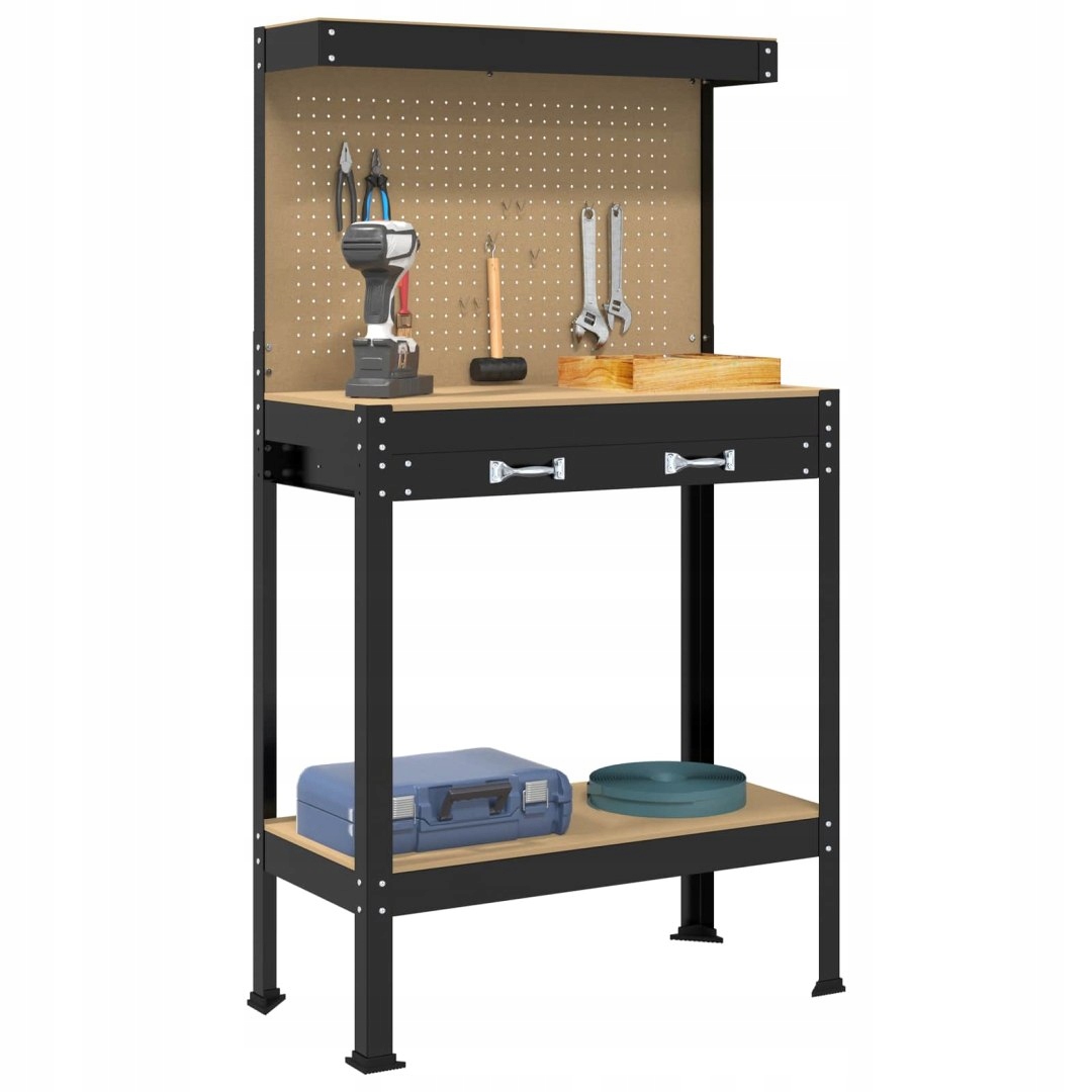 STÓŁ WARSZTATOWY LOFT CZARNY SZUFLADA TABLICA PEGBOARD PÓŁKI ROBOCZY 150KG