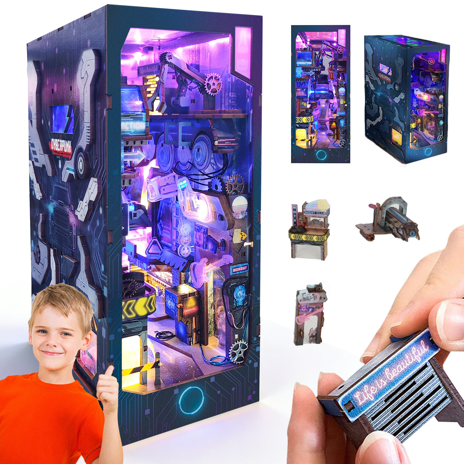 Puzzle Podpórka Do Książek Led Diy Miniaturowy Domek Cyberpunk