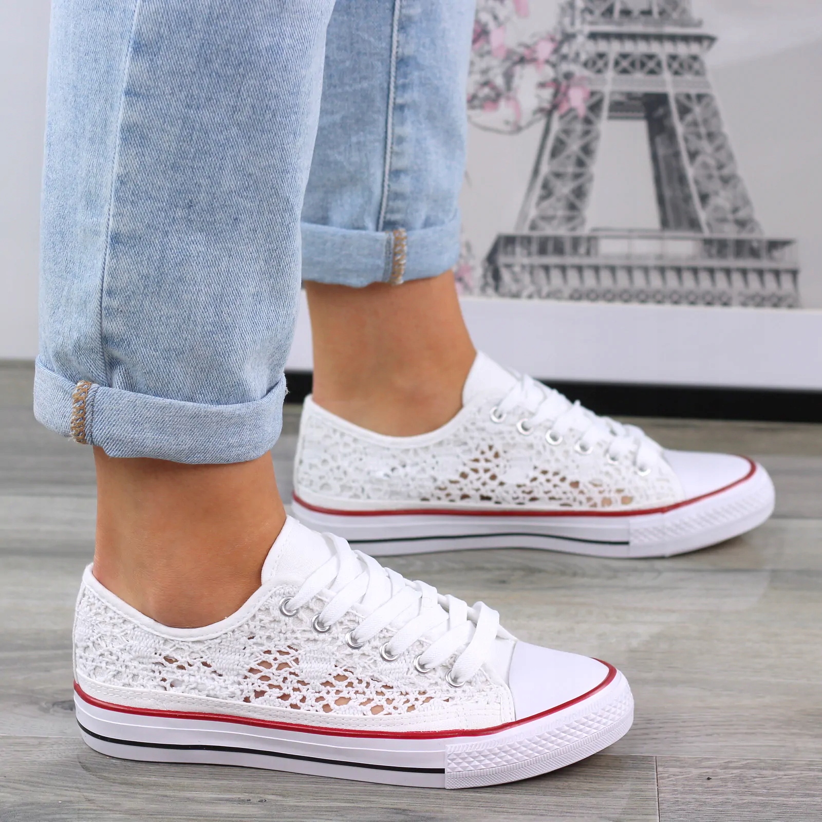 Białe Materiałowe Tenisówki Trampki Damskie z Koronki Kanwia 39 Rozmiar 39