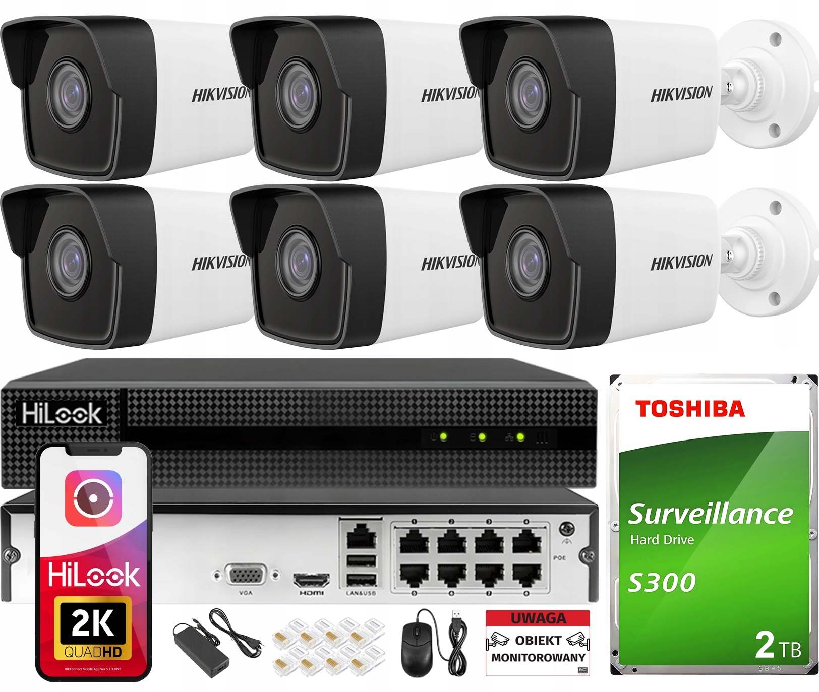 Monitorovací sada 6x Ip PoE venkovní kamera Hikvision Bez kabelu Disk 2TB