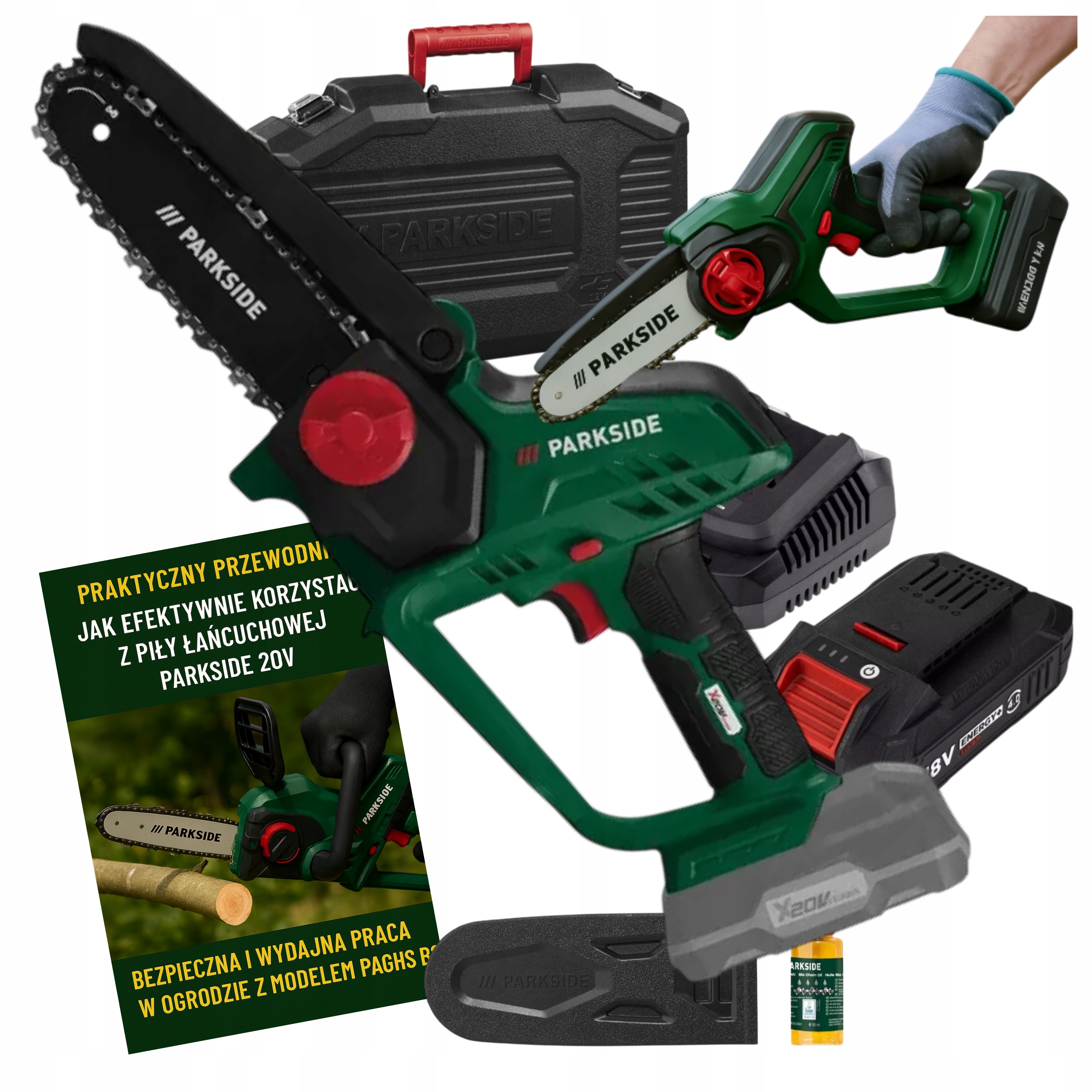 Parkside Piła Pilarka Akumulatorowa Łańcuchowa 20V Zestaw Bateria 2Ah Aku