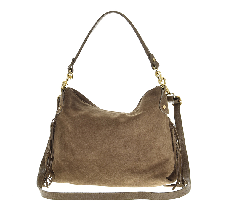 Kabelka z přírodní kůže semiš mocha hnědá s třásněmi