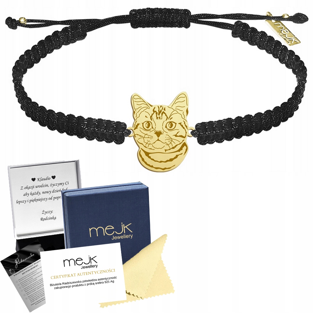 Zlatý náramek s kočkou American Shorthair 925 Makramé Dárek Gravírování