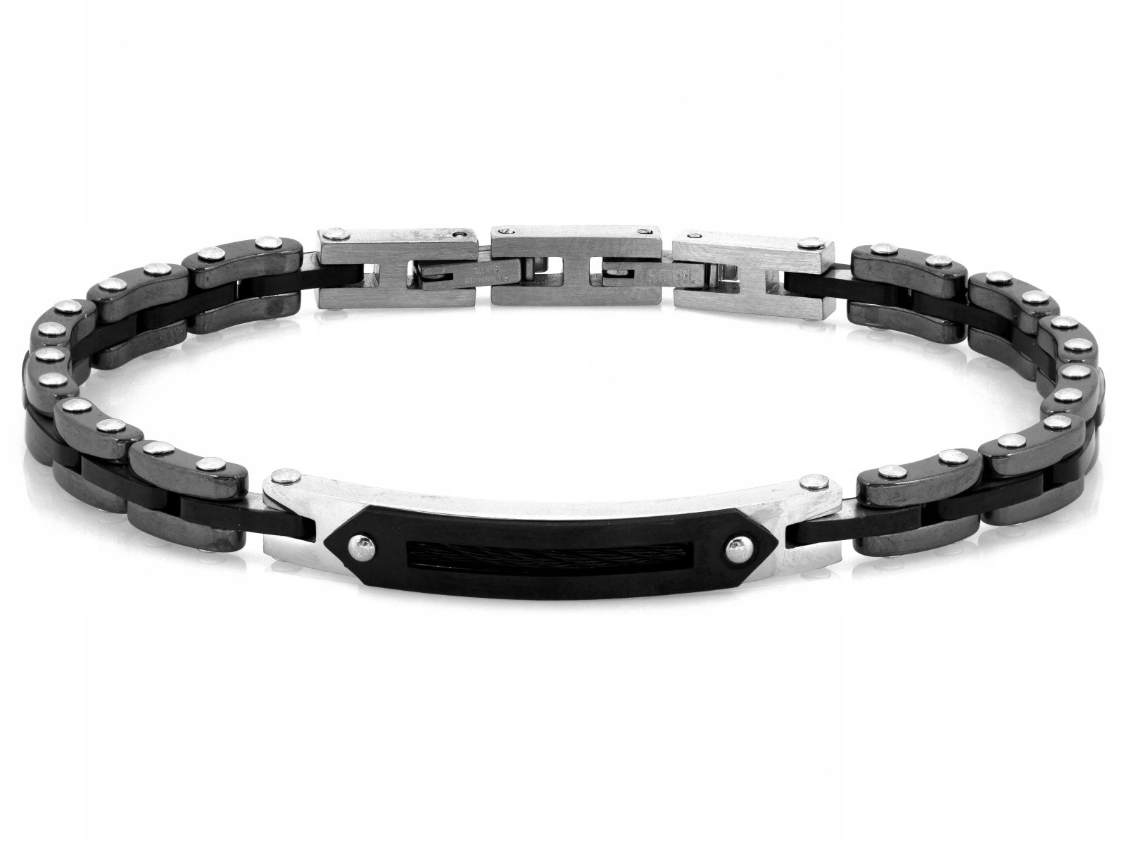 Pánský náramek z oceli široký 6.5 mm, velikost 21 s černými prvky